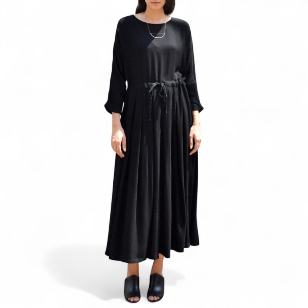Black Crane Wool Blend Box Pleated Maxi Dress XS | Drawstring Waist Oversized - Picture 4 of 12
